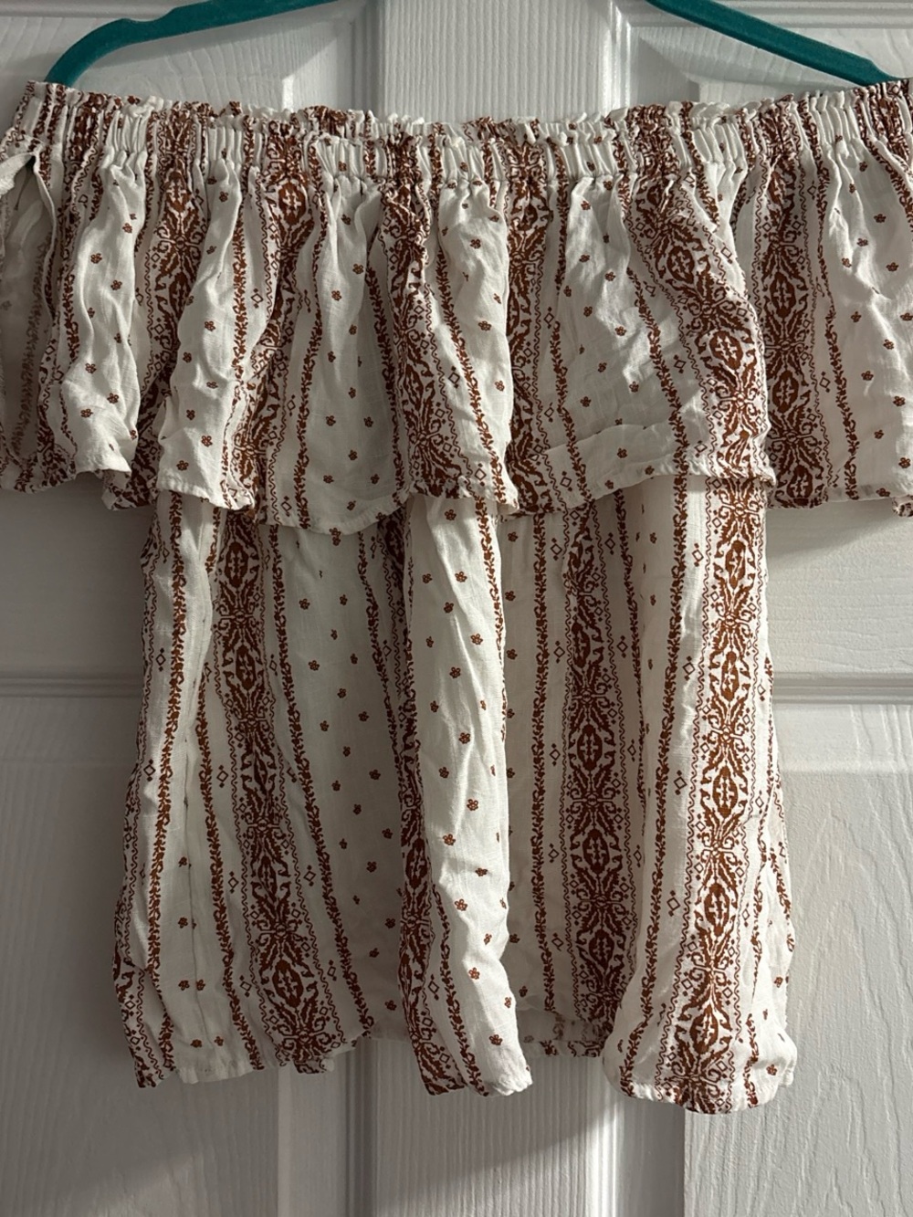 Daytrip Off-Shoulder Ruffle Top with Brown Boho Print